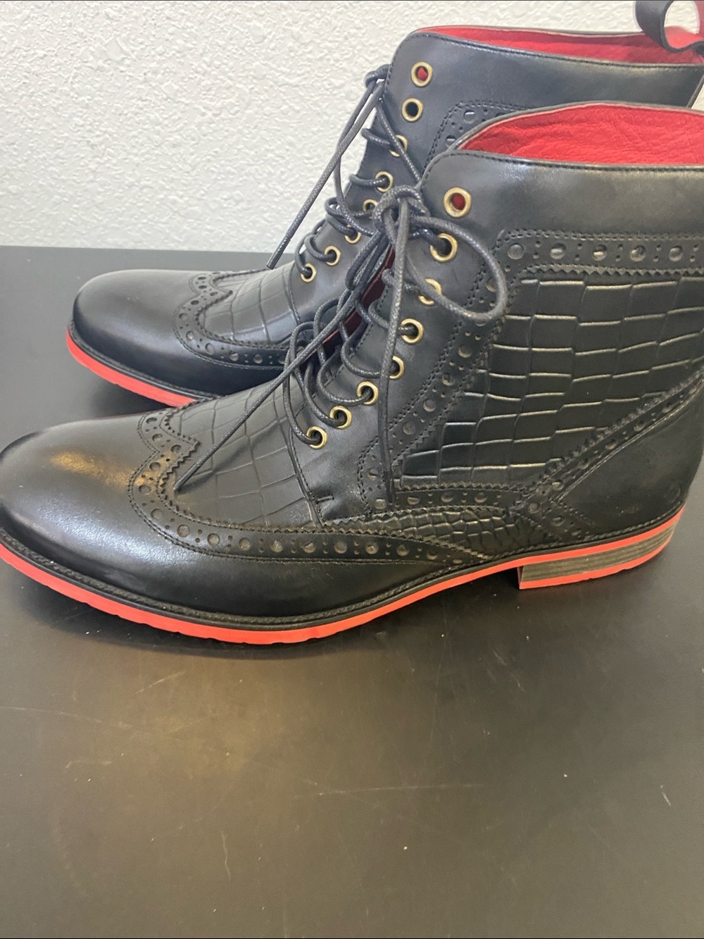Men's Belmont Black Crocskin Leather Wingtip Combat Boots by marc nolan size 13 - Picture 3 of 7